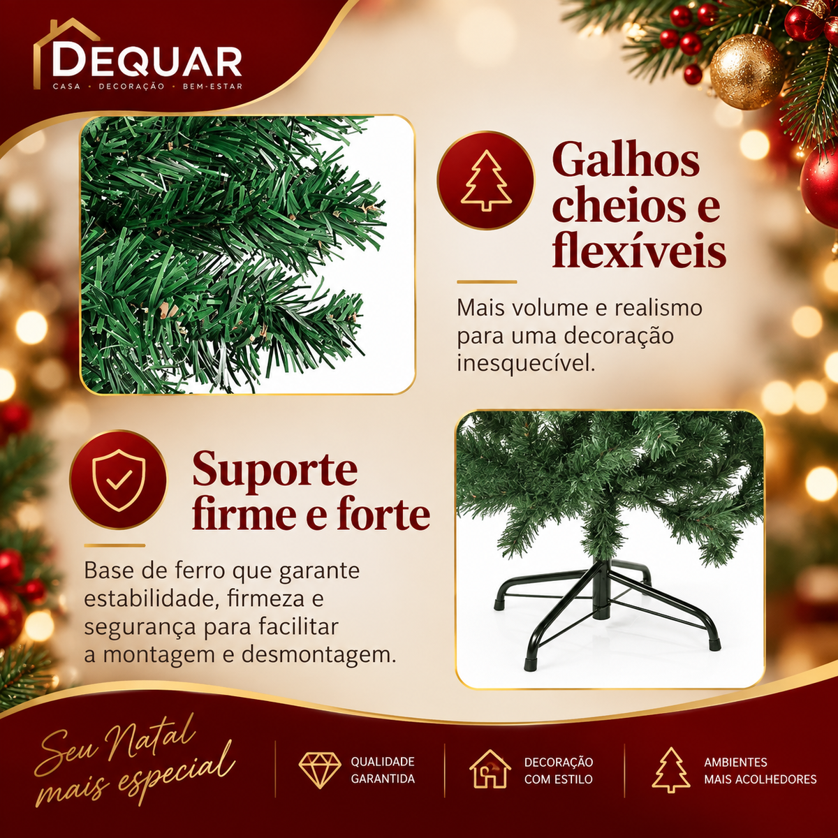 Galhos cheios e flexíveis e base de ferro firme da árvore de Natal pinheiro luxo verde Aurora