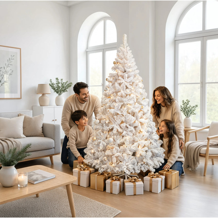 Família com a árvore de Natal branca Boreal decorada em uma sala clara com janelas arqueadas