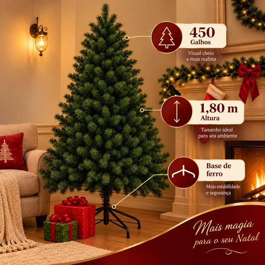 Árvore de Natal pinheiro luxo verde Aurora de 1,80 m com 450 galhos e base de ferro, ao lado de lareira e presentes