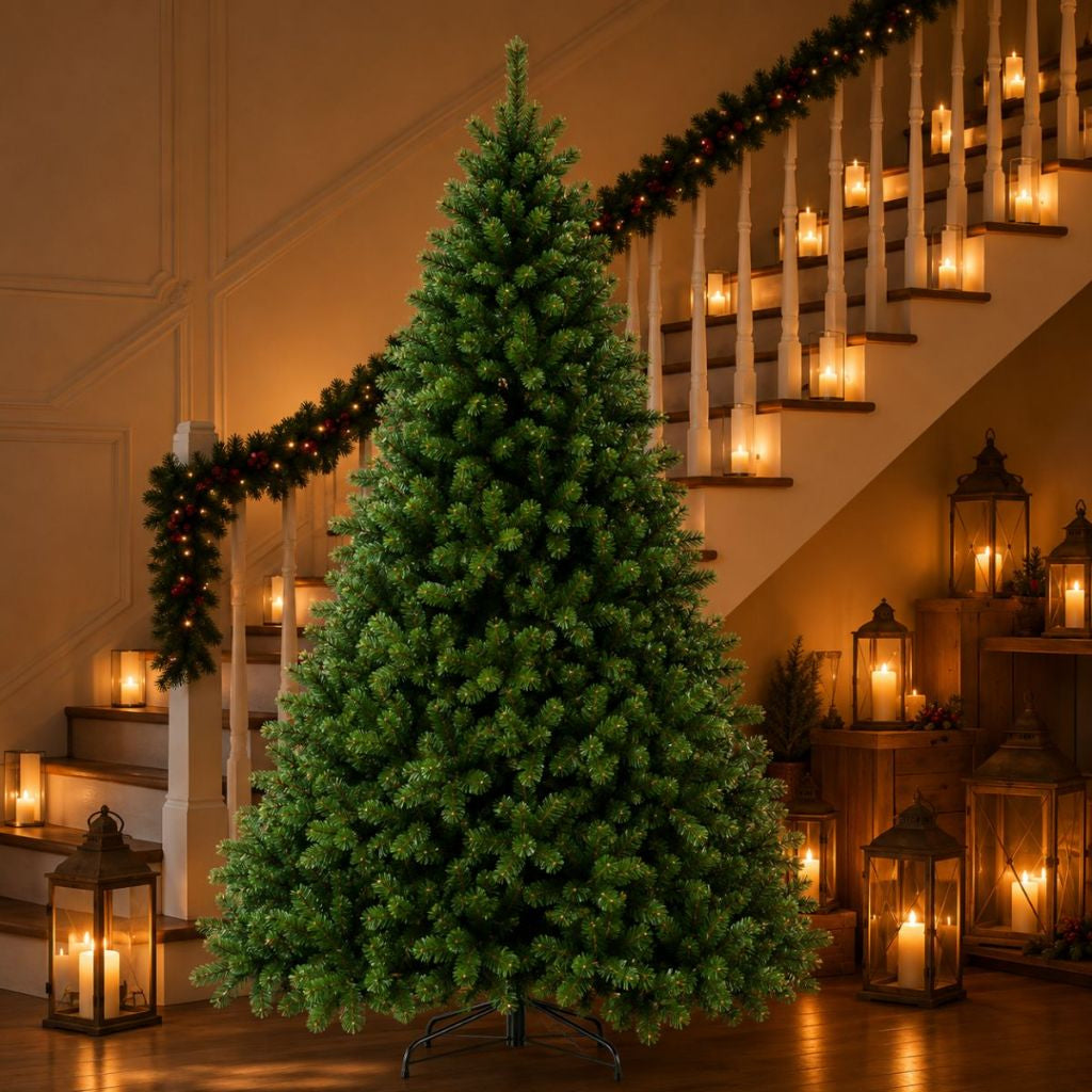 Árvore de Natal pinheiro luxo verde Aurora com base de ferro ao pé de uma escada decorada com velas e guirlanda