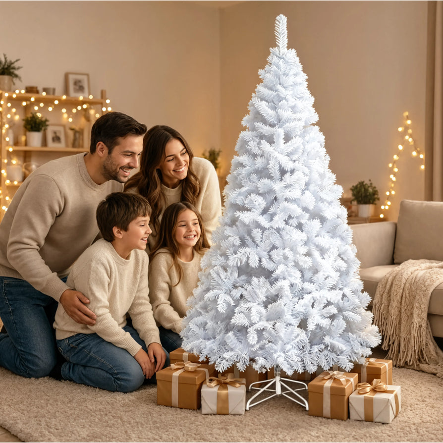 Família ao redor da árvore de Natal branca Boreal com presentes dourados na sala
