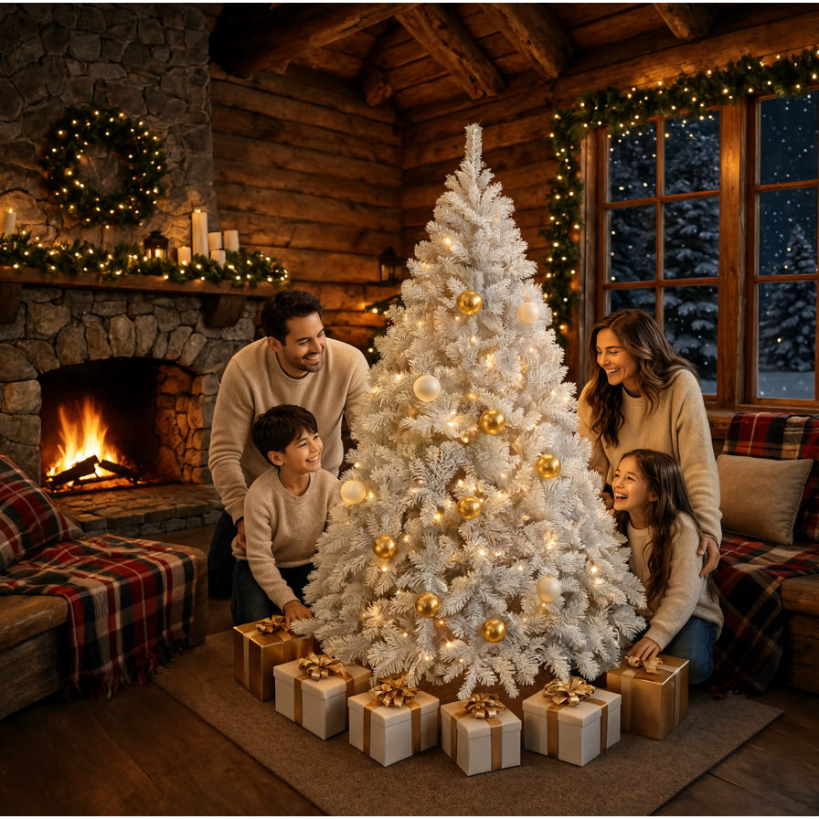 Árvore de Natal branca Boreal com luzes e bolas douradas em cabana com lareira e família