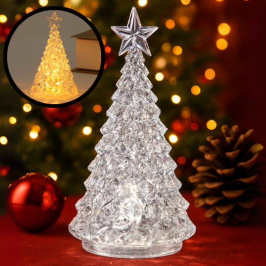 Mini árvore de Natal Cristalis em cristal transparente com estrela no topo, entre bola vermelha e pinha
