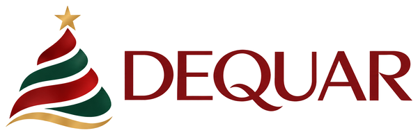 Logotipo da dequar: árvore de Natal estilizada em vermelho, verde e dourado