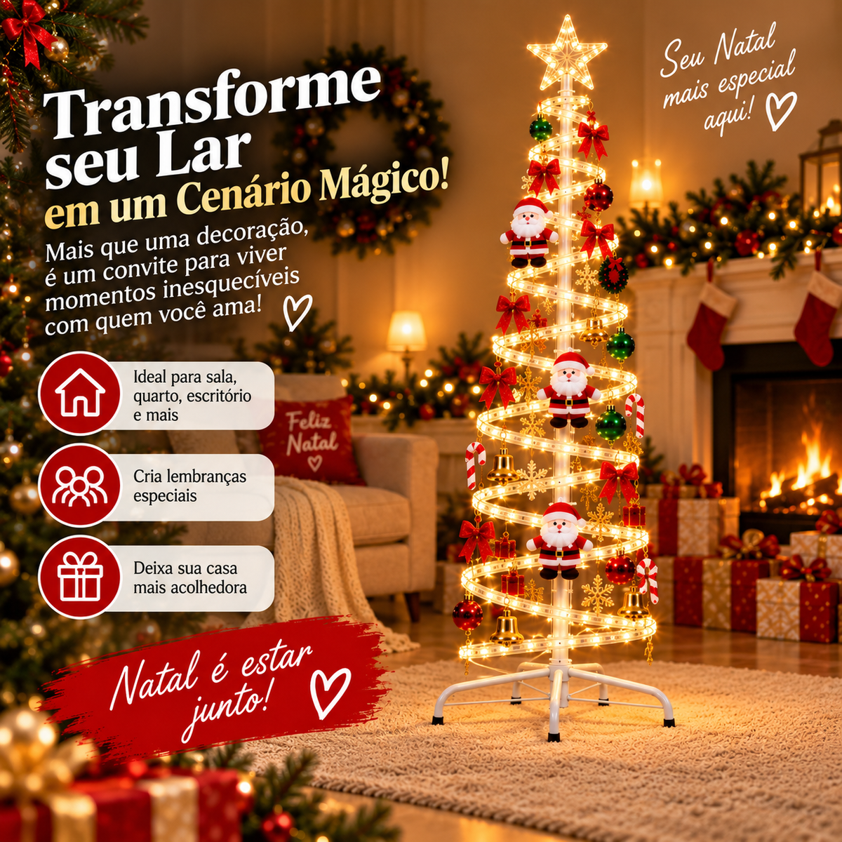 Árvore de Natal espiral LED Espiralis acesa em sala com lareira, decorada com Papais Noéis, laços e bolas