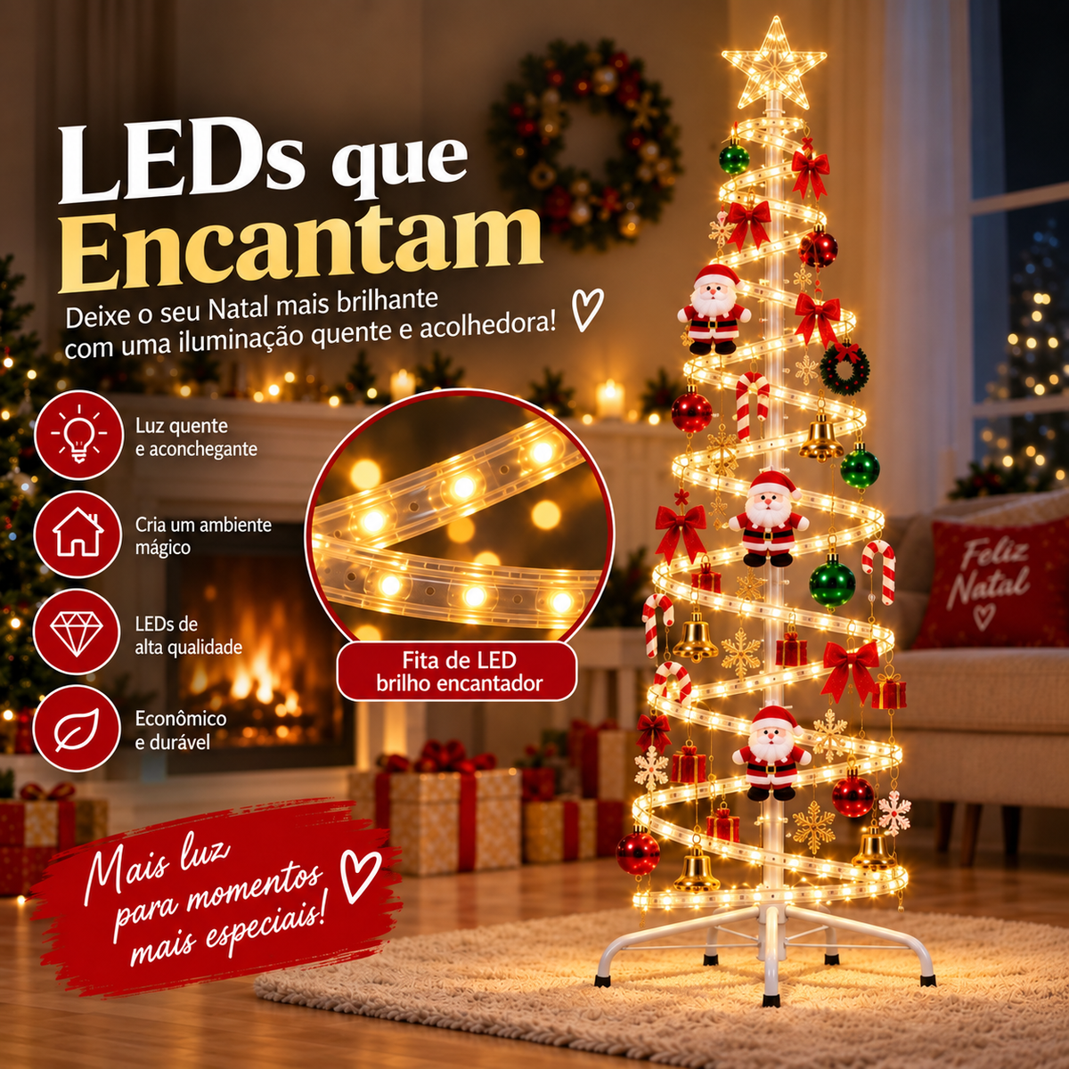 Fita de LED em espiral da árvore de Natal Espiralis com luz quente, decorada com Papais Noéis e bolas
