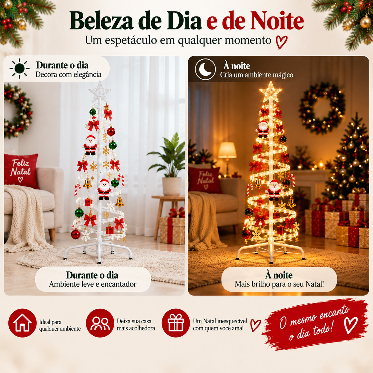 Árvore de Natal espiral LED Espiralis durante o dia e à noite, apagada e acesa em uma sala