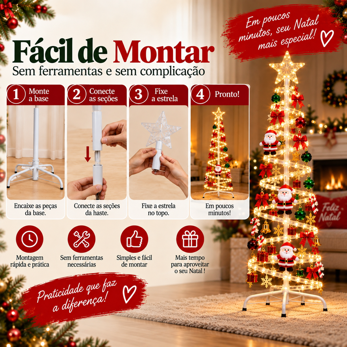 Montagem da árvore de Natal espiral LED Espiralis em quatro passos: base, seções da haste e estrela no topo