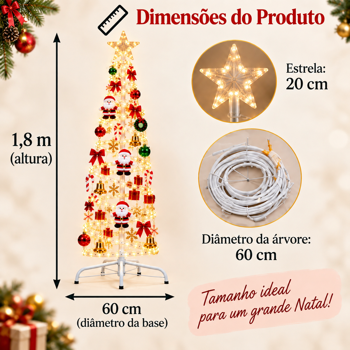 Dimensões da árvore de Natal espiral LED Espiralis: 1,8 m de altura, base de 60 cm e estrela de 20 cm