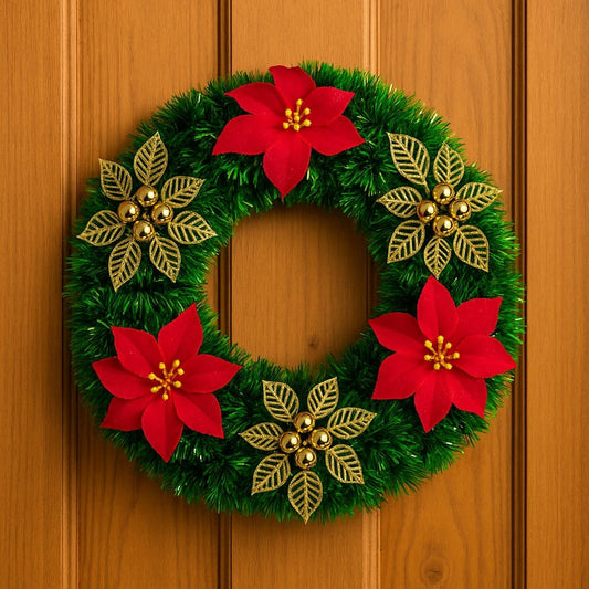 Guirlanda de Natal Ghirlanda decorada com flores vermelhas e detalhes dourados em porta de madeira