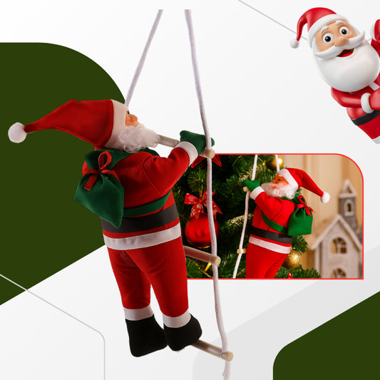 Enfeite de Natal Noelito com Papai Noel de pelúcia visto de costas subindo a escada de corda, com detalhe em árvore de Natal
