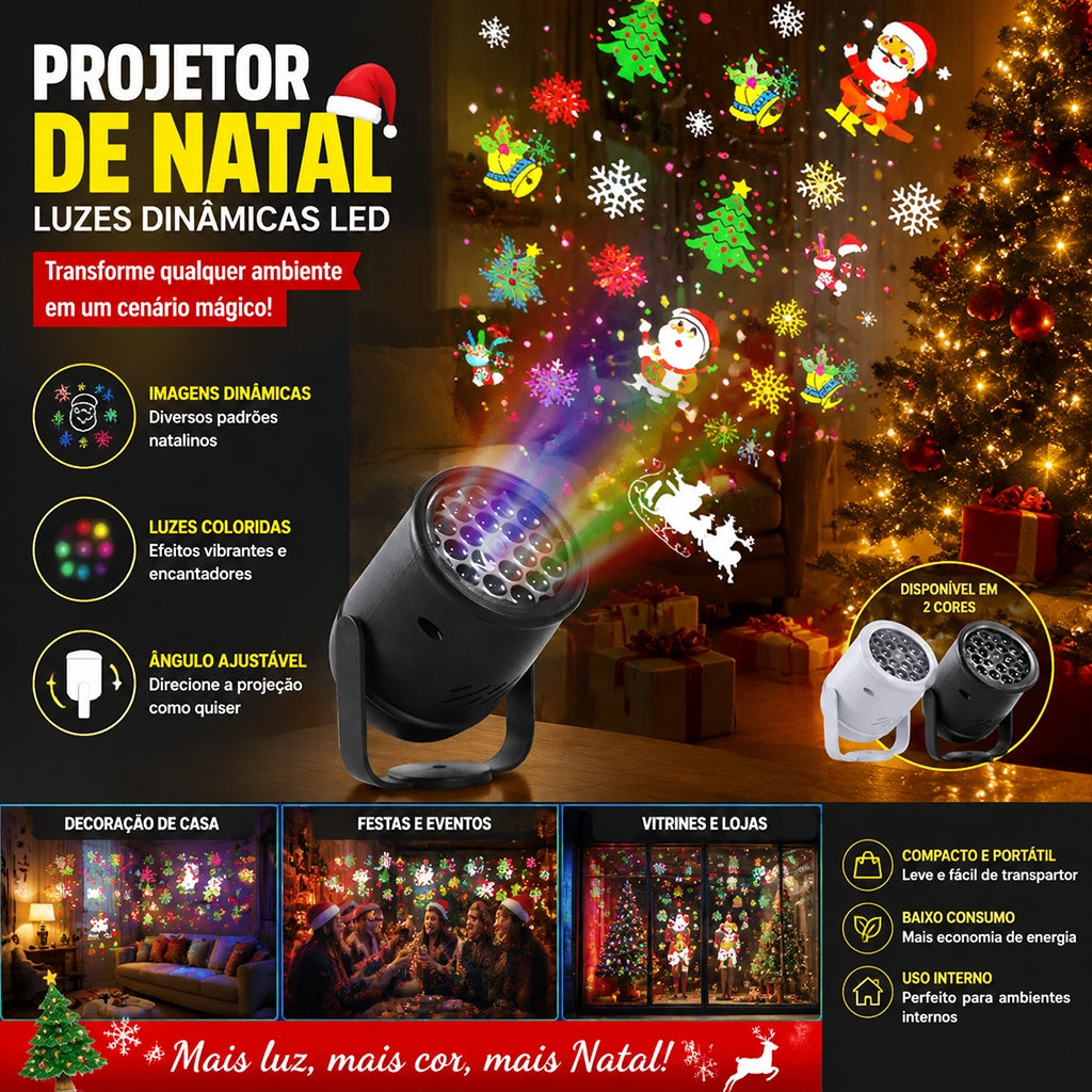Projetor de Natal com luzes dinâmicas LED projetando Papai Noel, árvores e flocos de neve na parede