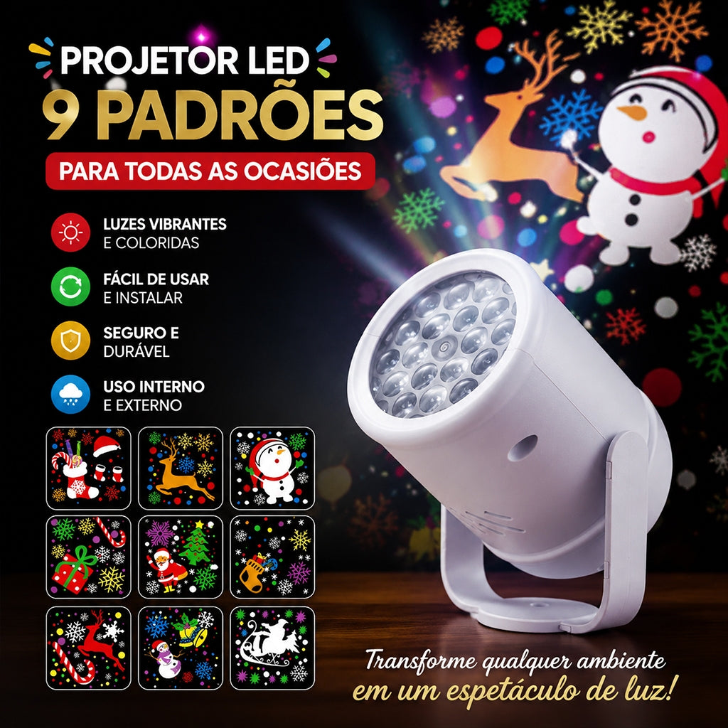 Projetor LED branco com 9 padrões de projeção natalinos