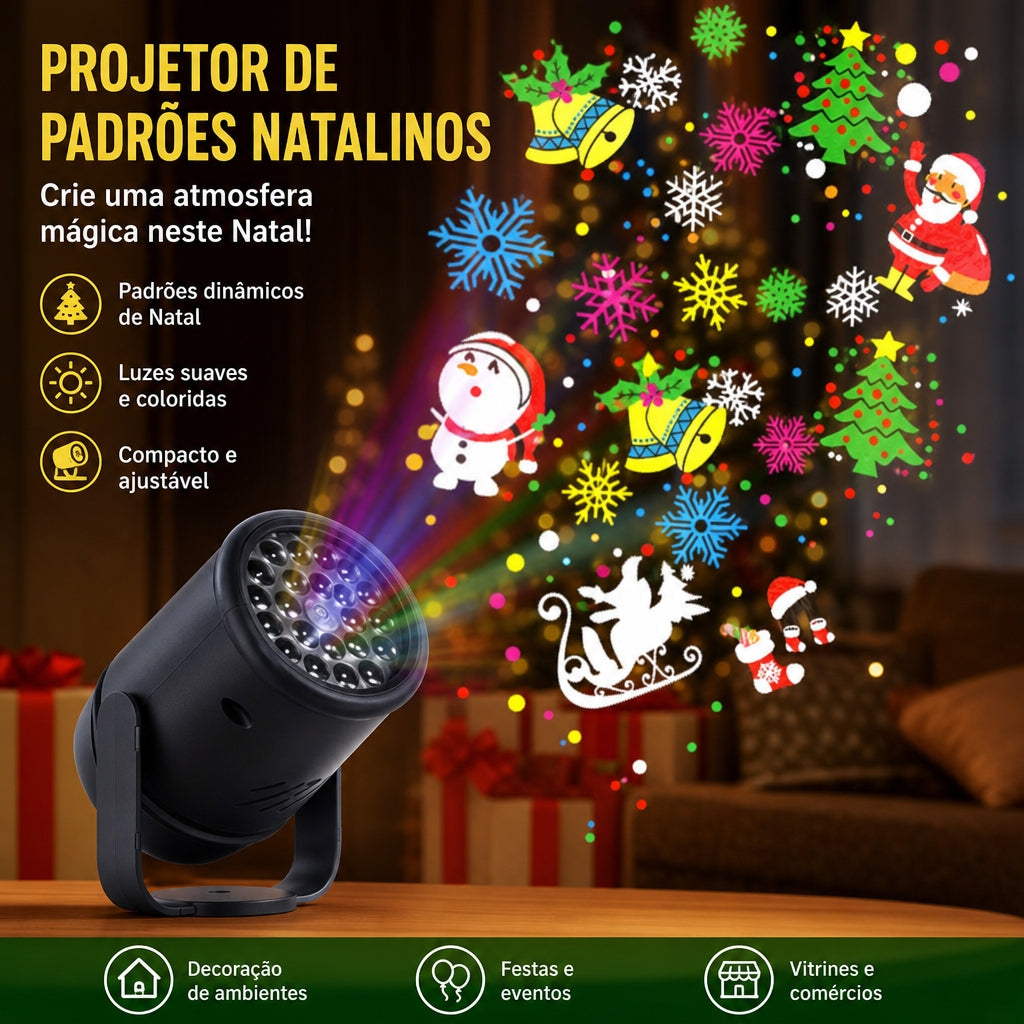 Projetor de padrões natalinos criando uma atmosfera mágica na sala de Natal
