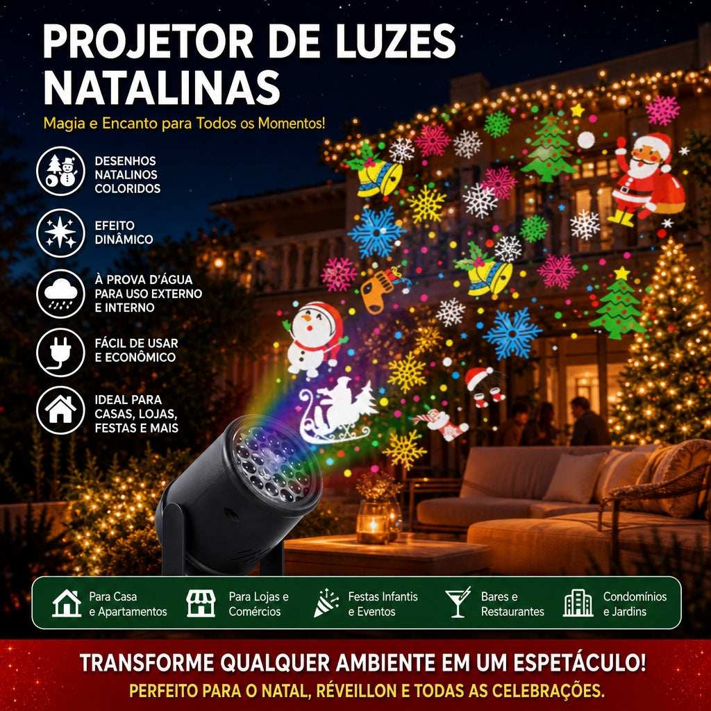 Projetor de luzes natalinas projetando desenhos coloridos na fachada de uma casa