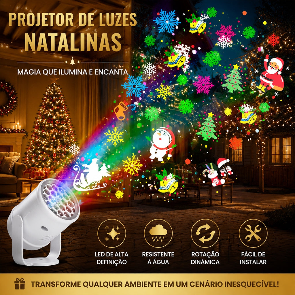 Projetor de luzes natalinas branco projetando renas, Papai Noel e flocos de neve