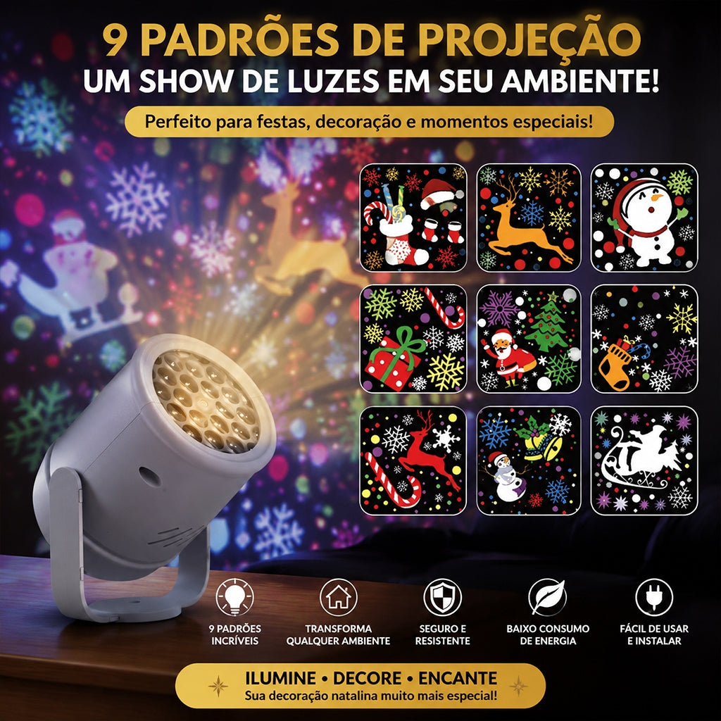 Projetor LED branco com os 9 padrões de projeção natalinos