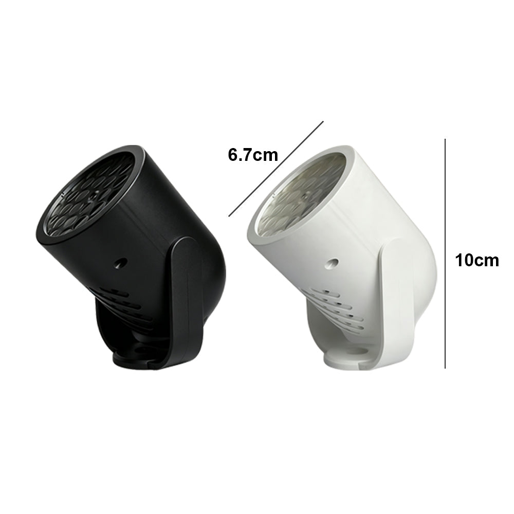 Medidas do projetor LED: 10 cm de altura e 6,7 cm de profundidade, nas cores preta e branca