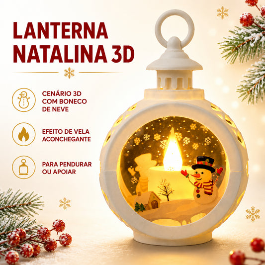 Luminária de Natal Vintalux branca com cenário 3D de boneco de neve e efeito de vela acesa